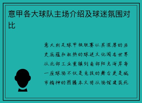 意甲各大球队主场介绍及球迷氛围对比